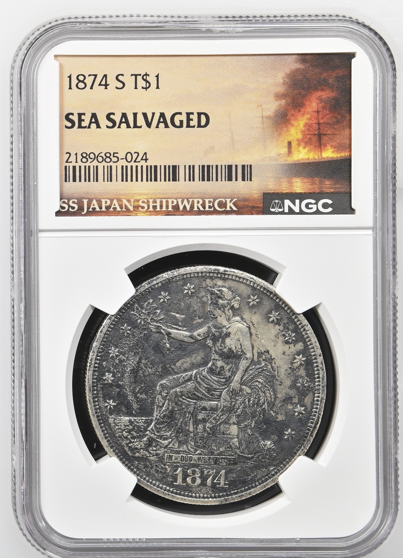 1874-S Trade Dollar recovered from the SS Japan, obverse