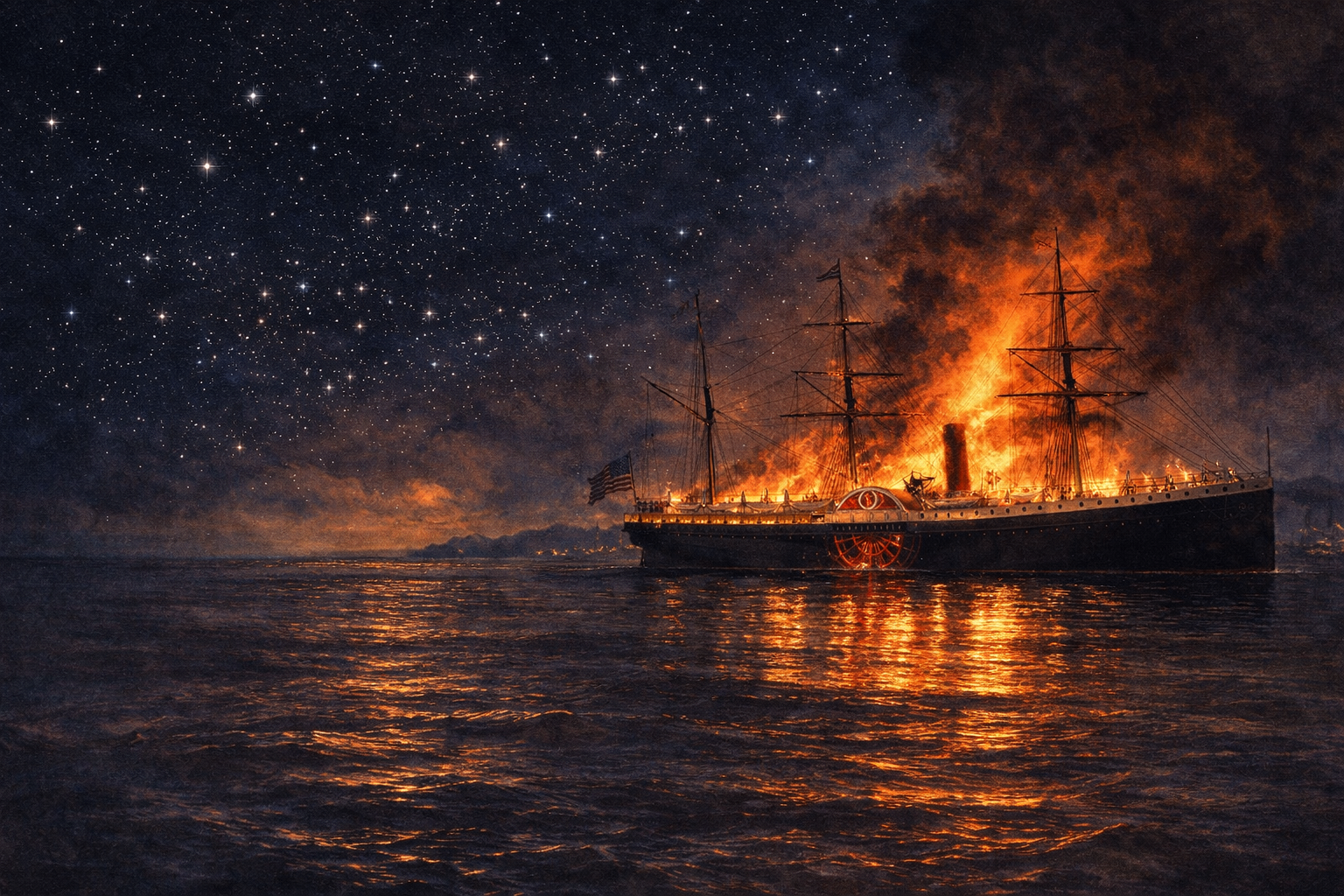 SS Japan ablaze at night under a starry sky
